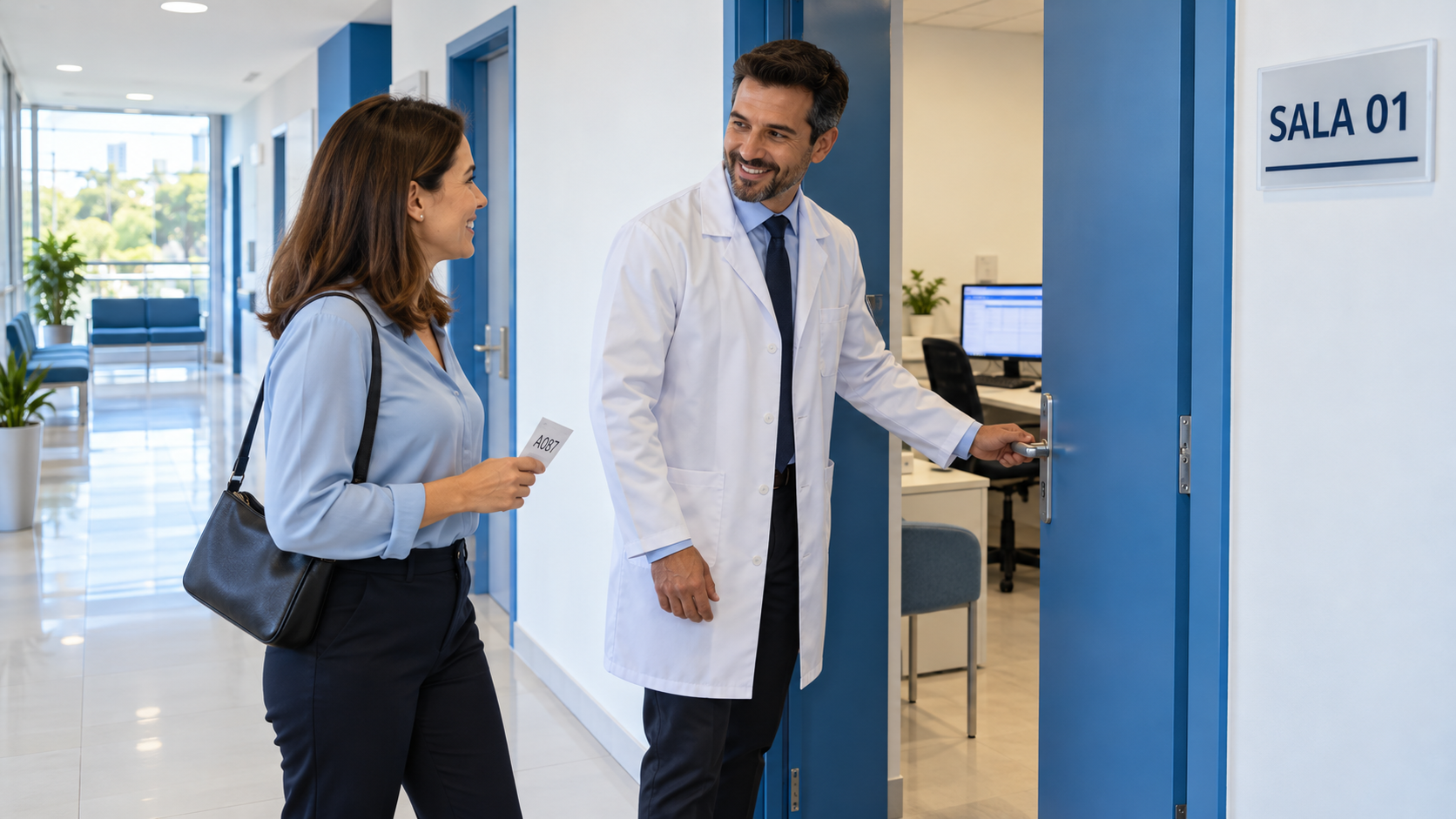 Médico abre a porta da Sala 01 e recebe a paciente com um sorriso.