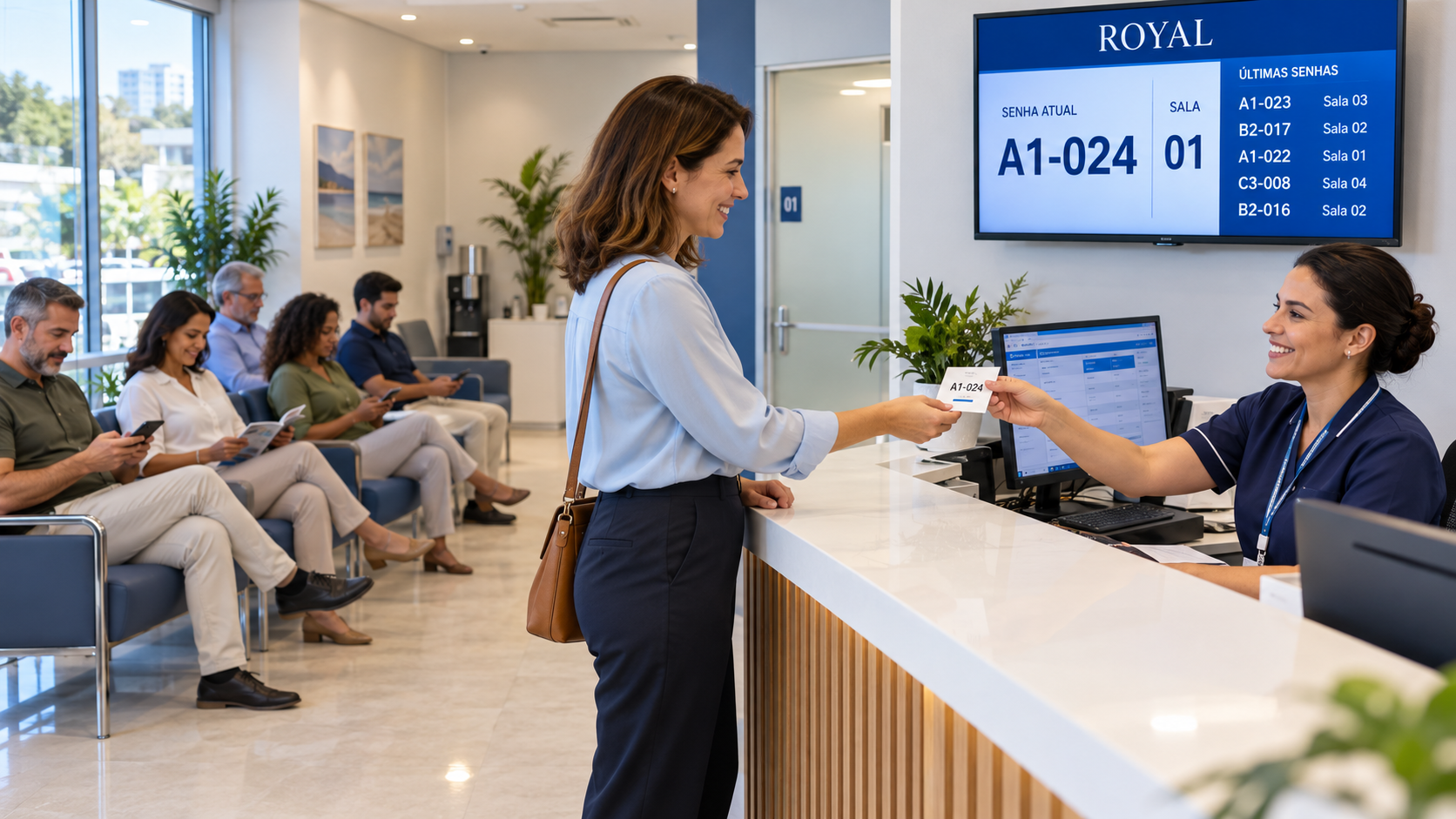 Atendente sorrindo entrega uma senha a uma paciente na recepção; cinco pessoas aguardam sentadas e a TV exibe um exemplo de chamada Royal.
